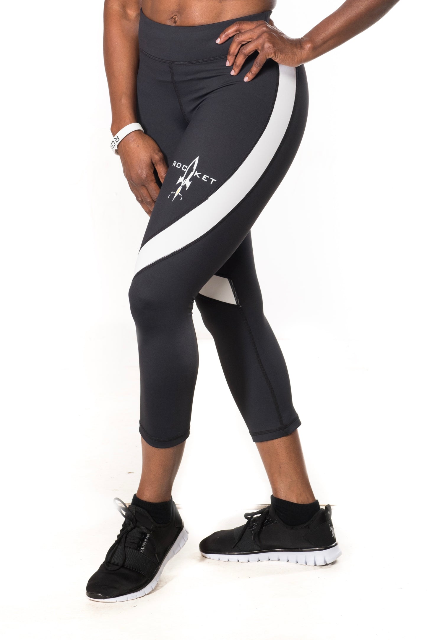 Women's Action Sport Capri Leggings (White Stripe, Yellow Stripe, and Pink Stripe)