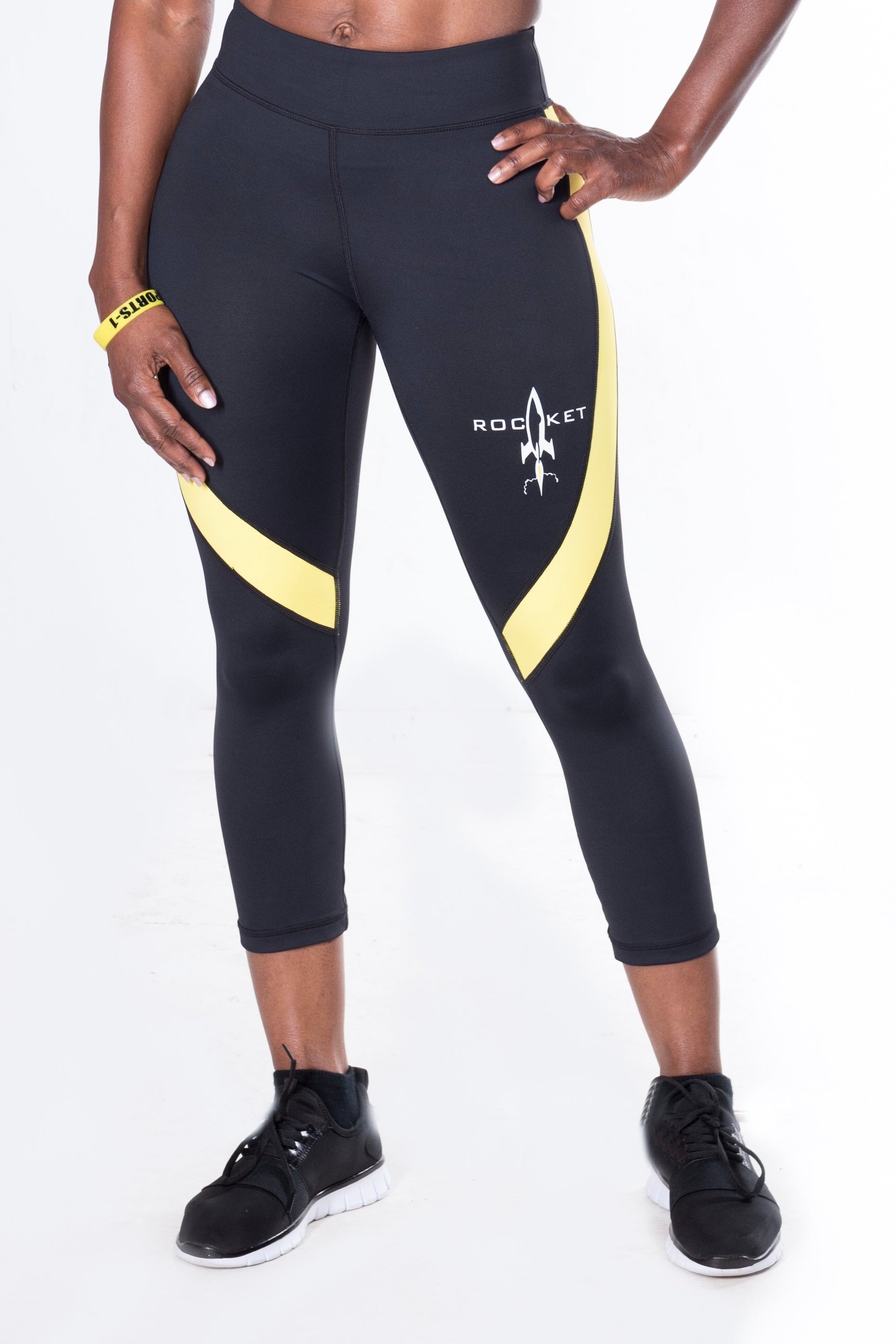 Women's Action Sport Capri Leggings (White Stripe, Yellow Stripe